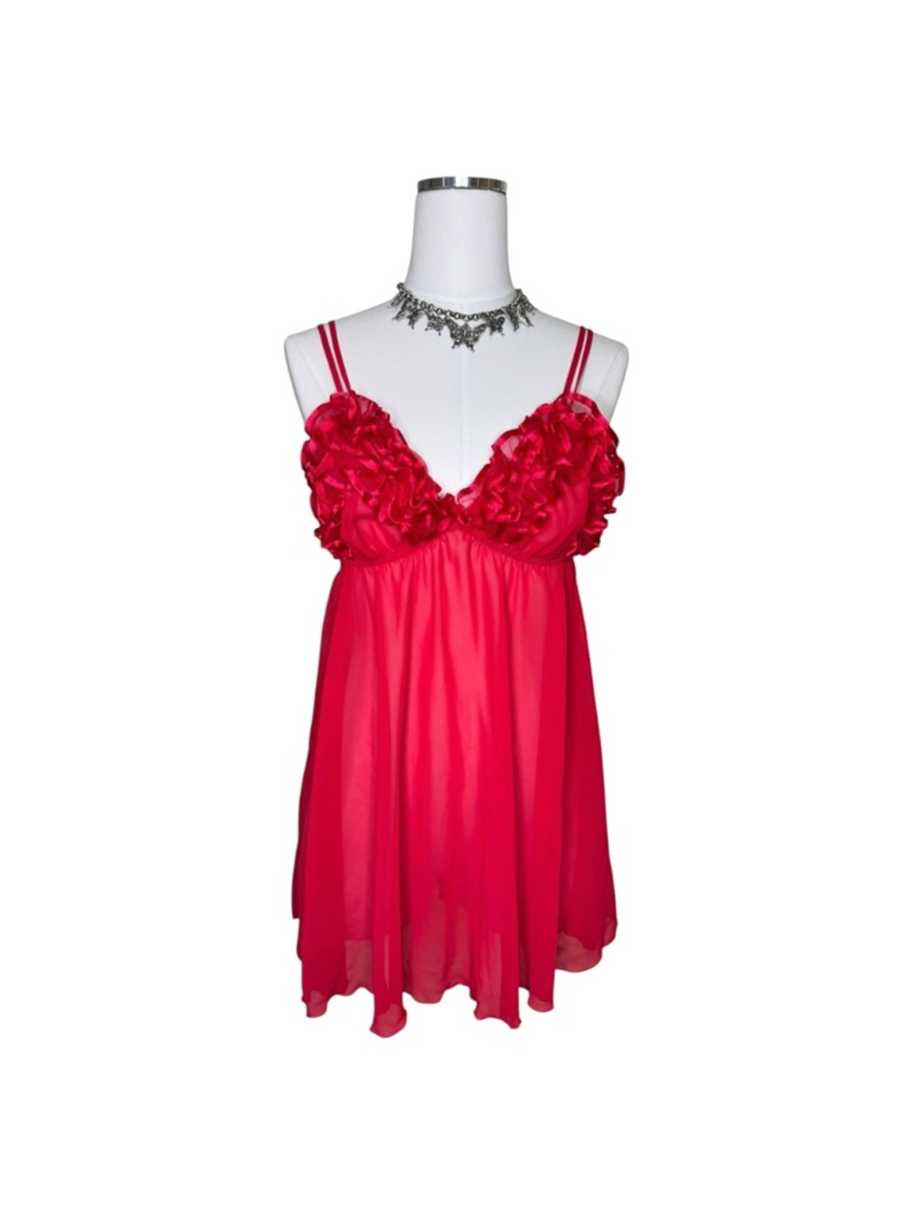 90s Victoria’s Secret Red Sheer Ruffled Babydoll Lingerie Slip Dress Size Medium